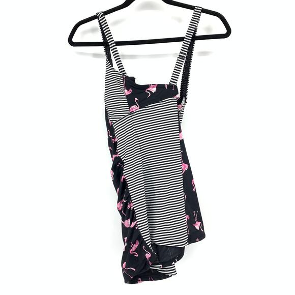 Torrid Tankini Swim Top Womens Size 0X Flamingo Print Black White Striped Sides - Picture 2 of 5